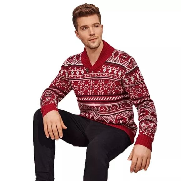 Red Christmas Sweater for Men Fair Isle Knitted Sweater - Full Sleeve Collared - Picture 2 of 11